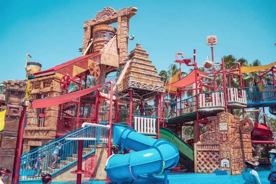 Colorful water play area with slides